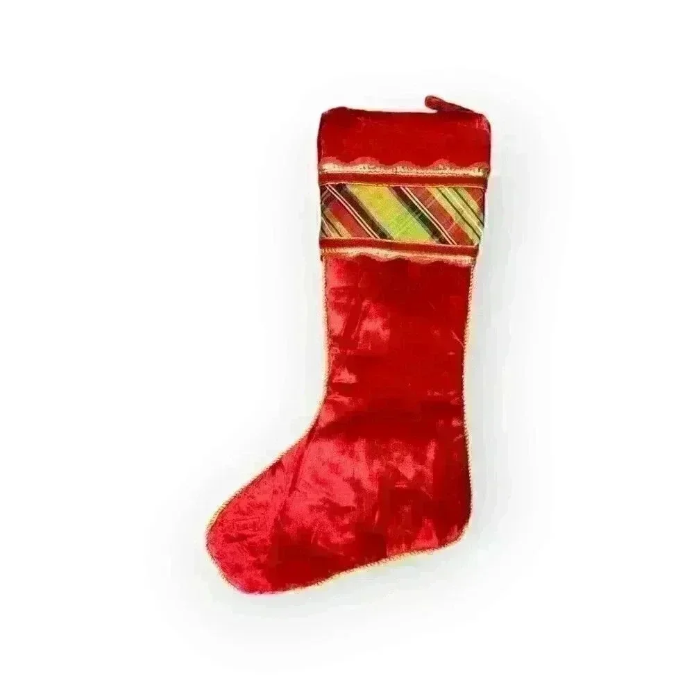 Red Velvet Diamond Quilted Gold Embroidered Plaid Christmas Stocking 23" Holiday - Picture 2 of 4